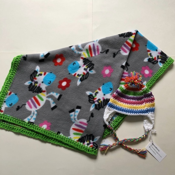 Rainbow zebra fleece & coordinating crochet stripedHat